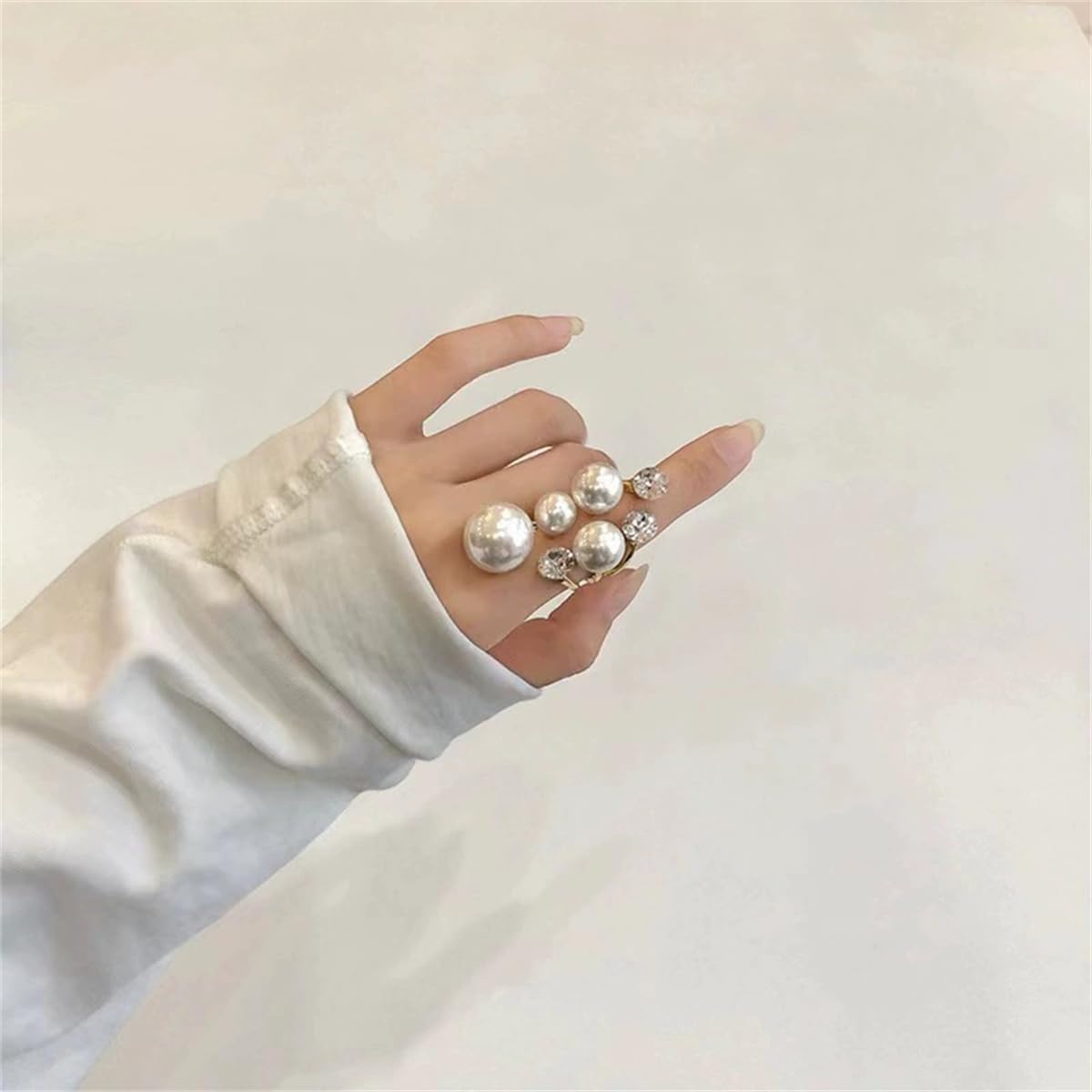 Hebelee CZ Pearl Ring for Women Gold-Toned Promise Stacking Cubic Zirconia Shell Pearl Rings Adjustable Open Band Wrap Finger Ring Trendy Christmas Prom Engagement Wedding Jewelry - Image 4