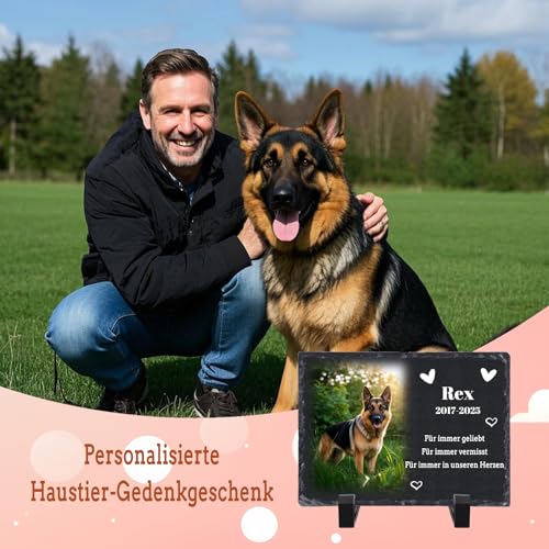 SunHurry Personalisierte Gedenktafel aus Schiefer für Haustiere, Gedenkstein mit Foto und Text, 20x30 cm, Schwarz