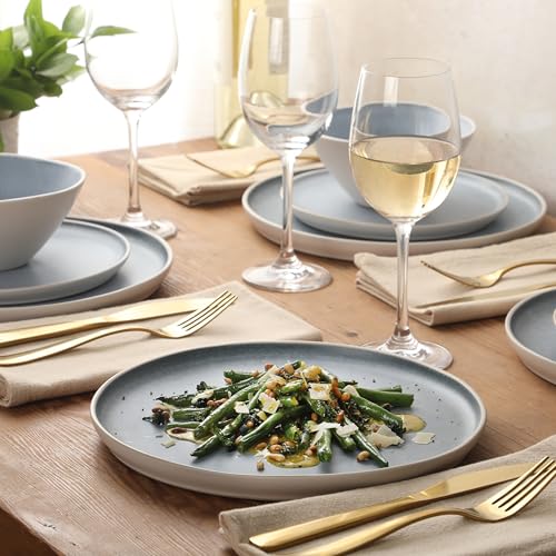 Image of Gibson Elite Coastal Forest Plates and Bowls Sets, 12-Piece Stoneware Dinnerware Sets, Triple Reactive Glaze Dish Set - Blue and Cream White