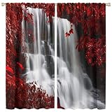 GoDazzling Red Forest Waterfall Blackout Windows Curtains, Waterfall Red Forest Black and Red Natural Landscape Print Window, for Living Room Bedroom 42x45in 2 Panels