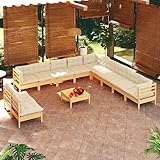 YNGBHFNOP Salon de Jardin 12 Places en Bois de Pin Massif avec Coussins Crème, Ensemble Modulaire de Meubles d'Extérieur pour Terrasse et Jardin, Canapé d'angle et Central Confortable