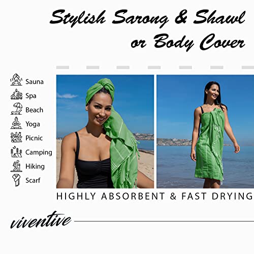 Turkish Beach Towel 37 X 70 Inches - 100% Cotton - Soft And Quick-Dry Sand Free Sand Proof - Thin Lightweight Large Oversized Turkish Towel For Women, Beach Body, Bathroom, Travel, Gym, Green #TOP2