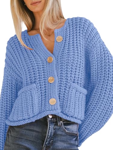 Image of YKR Chunky Knit Cardigan Sweater for Women Long Sleeve Cropped Cardigans Button Down Sweaters with Pockets