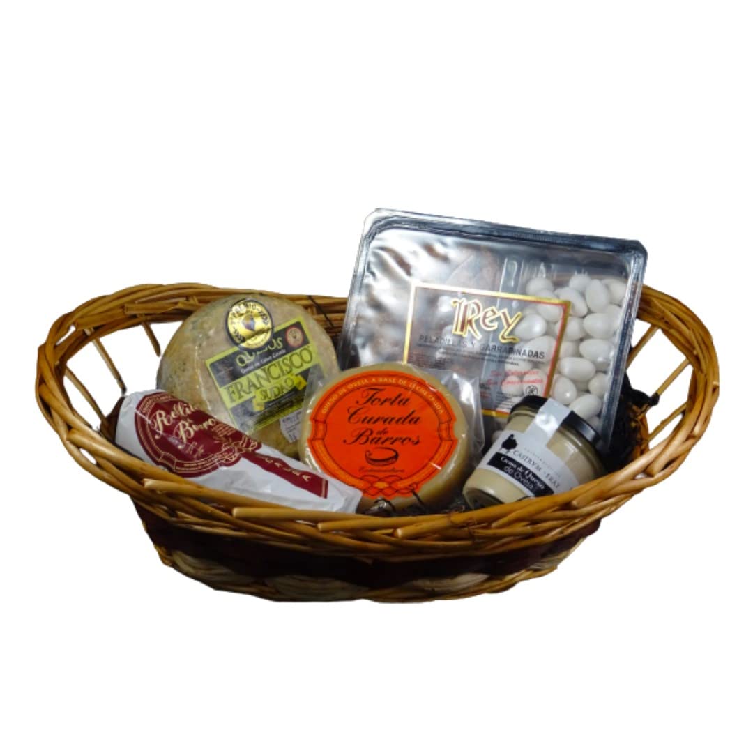 Cesta de Regalo para Empresas con Queso de Cabra Francisco Sudao, Torta Curada de Barros, Rollito de Cabra, Almendras Garrapiñadas – Corazón Extremeño