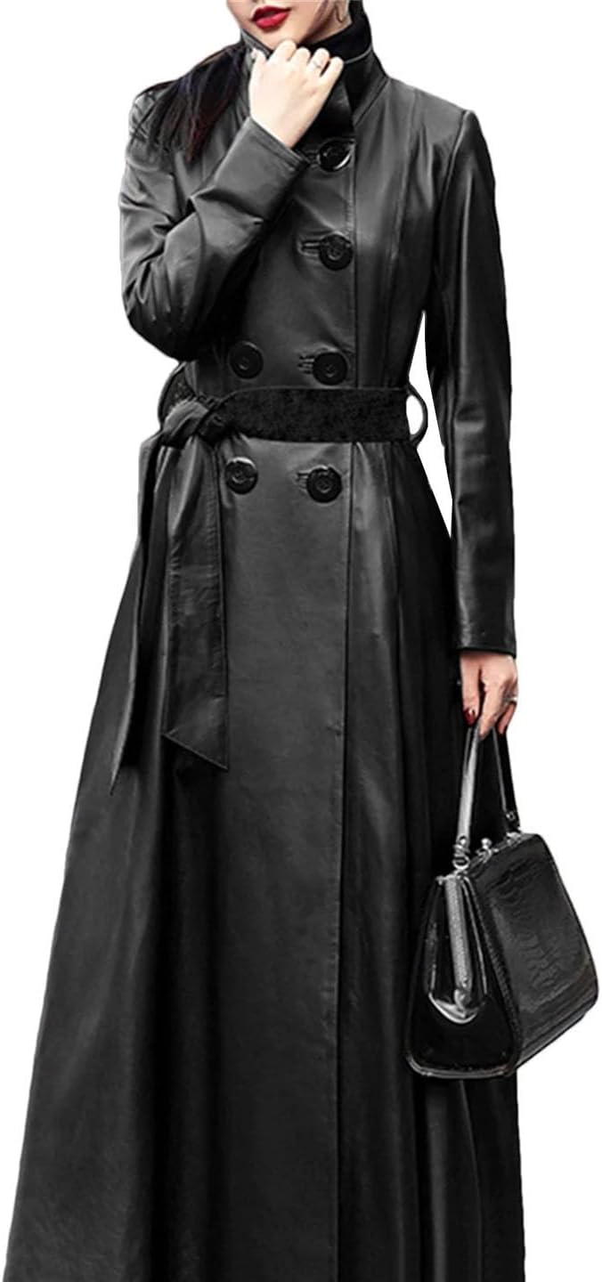 Women Classic Leather Trench Coat For Long Sleeve Belt Double Breasted Elegant Windbreaker