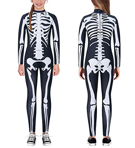 kids4ever Kinderkostüm Halloween-Dress Up Skelett Overall Schwarz und Weiß Druck Bodysuits Skinny Rücken Zip Jumpsuit Stretch Cosplay Kostüm Bodycon One Piece 13-14 Jahre Cover