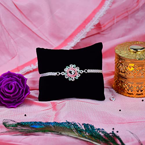 Image of Oblivion Peacock Pooja Thali with Rakhi Set for Brother - Rakhis for Brother Set of 2, Om Floral Design with Silver Colour Pooja Coin & Greeting Card - Raksha Bandhan Gift Combo