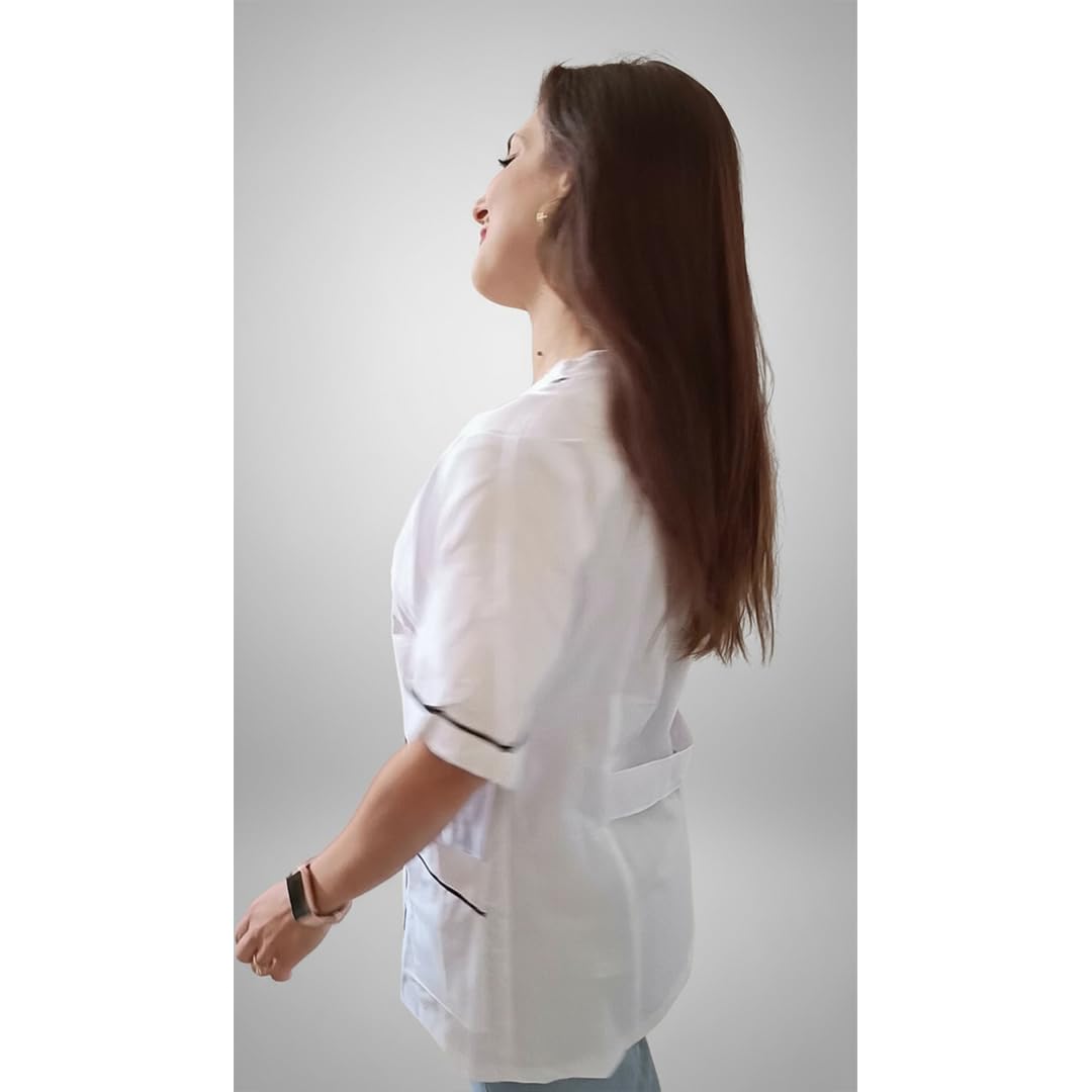 Casacca, Camies de travail pour femme avec fermeture éclair, blanc, coton, esthéticienne, coiffeur, Maître maternelle, épicerie, Blanc avec ligne