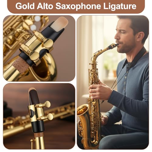 2 Pcs Alto Saxophone Ligature, Gold Brass Sax Mouthpiece Ligature with Adjustable Screws, Alto Sax Ligatures Fastener for Saxophone Instrument Accessories