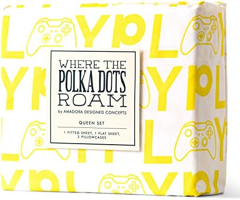 Where The Polka Dots Roam Gamer Bedding Set for Boys, Kids Gamepad Controller Cooling Bed Sheets for Twin Bed, Stain & Wrinkle Resistant, Gamer Room Décor Flat & Fitted Sheets with 1 Pillowcase