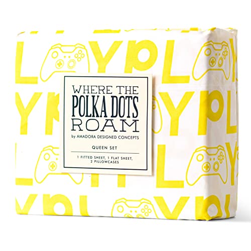 Where The Polka Dots Roam Gamer Bedding Set For Boys, Kids Gamepad Controller Cooling Bed Sheets For Twin Bed, Stain & Wrinkle Resistant, Gamer Room Décor Flat & Fitted Sheets With 1 Pillowcase #TOP5