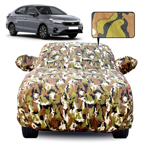 Image of Waterproof Car Body Cover for Honda City T-5 (2020-2024) with Mirror Pocket, Soft Cotton Lining, Triple Stitched, Full Bottom Elastic (Heat Resistant Jungle Print with Red Piping)