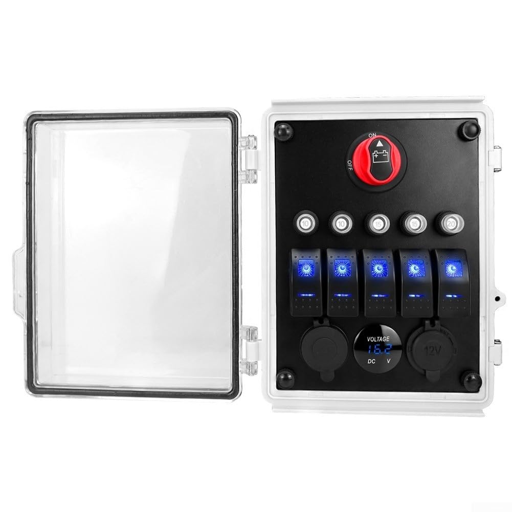 Pannello interruttore a 5 marce, 12 V, illuminato a LED, impermeabile IP65, 12 V, pannello di commutazione a 5 vie con porta USB e voltmetro, pannello interruttore a levetta impermeabile per barca, 12