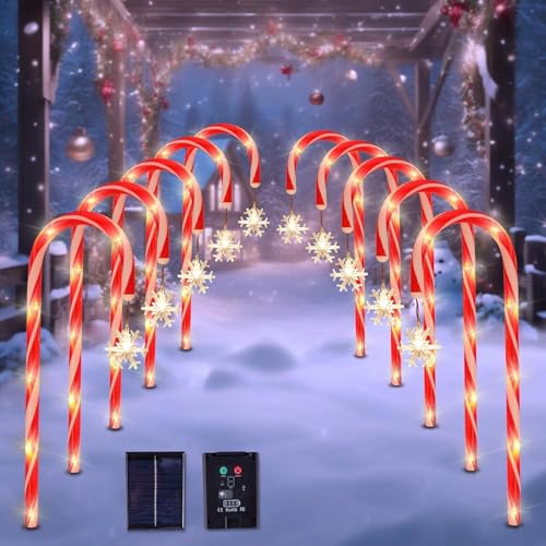 Solar Christmas Lights Outdoor Decorations, 10 Pack Solar Christmas Candy Cane Lights with Snowflake, Outdoor Waterproof Christmas Pathway Lights for Patio, Garden, Yard, Street, Park, Holiday