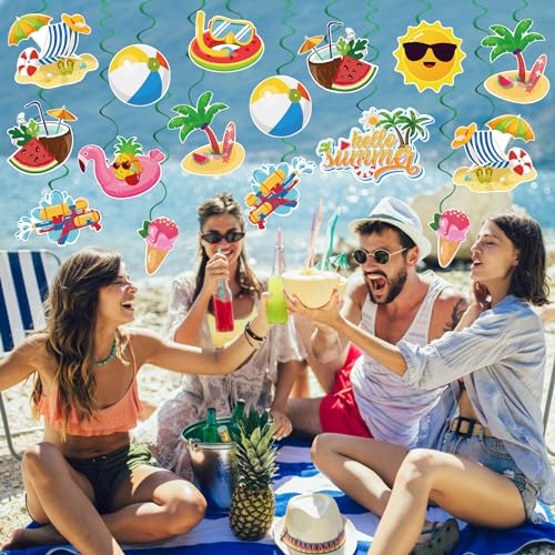 Image of 40Pcs Summer Hanging Swirls, Hello Summer Pool Beach Hanging Swirls Summer Hanging Decorations Streamers Foil Ceiling Swirls for Summer Hawaiian Luau Birthday Party Baby Shower Decor