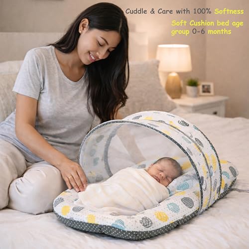 Image of Fareto Combo of Baby Bed with Net | Carry Bag | 4 Pcs Bedding Set (0-6 Months, Baby Size, Cotton) (Grey Sprial)