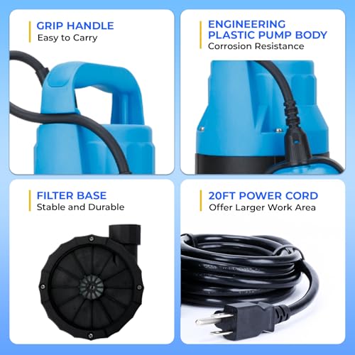 Image of Automatic Water Pump, 2250GPH Sump Pump Submersible Basement Portable Electric Utility Water Pump Removal for Pool Draining Basement Hot Tubs Garden Pool Cover Pond, Blue
