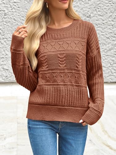 Yousify Womens Long Sleeve Sweaters Casual Crewneck Cable Knit Crochet Loose Fit Fall Pullover Tops2