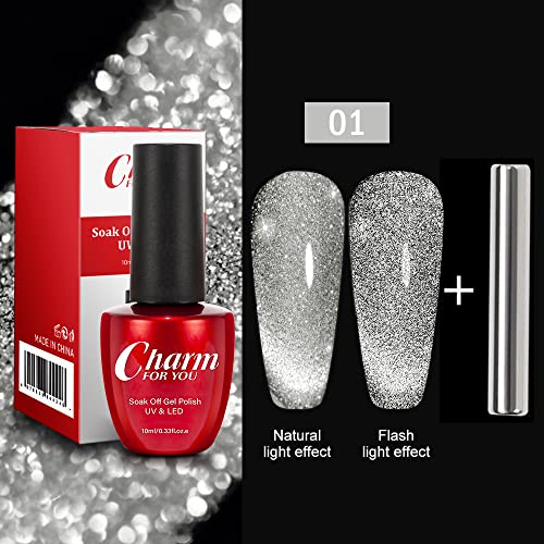 VERONNI Silver Glitter Cat Eye Gel Polish, Reflective Magnetic Gel Nail, Diamond UV Gel Polish, Sparkly Shiny Gel Nail Polish Nail Art Varnish Manicure Kit For Beginners DIY At Home (01) - Thumbnail 5