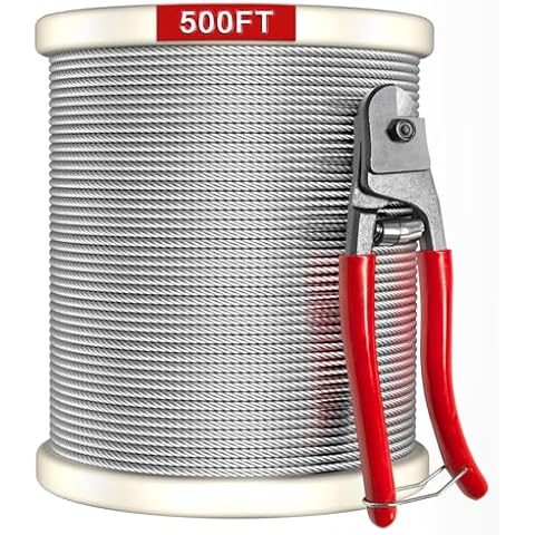 500FT Wire Rope with Cutter, 1/8" Wire Rope, T316 Stainless Steel Cable, Clothes Line Wires, Trellis Wire, 1850 lb Breaking Strength, 7x7 Strands Aircraft Cable for Stair Fence Deck Railing Kit Cover
