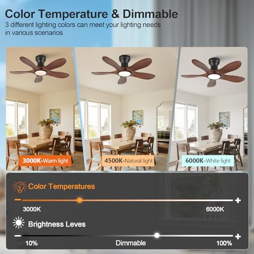 Image of 36 Inch Wood Flush Mount Ceiling Fans with Lights and Remote, Dimmable 5 Blade Wood Bedroom Ceiling Fan Outdoor Ceiling Fans for Patios Low Profile Ceiling Fan with Light for Bedroom Indoor