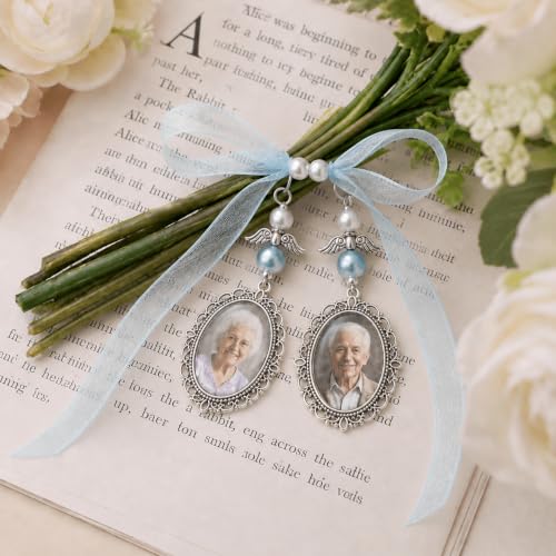 Image of MIXJOY Something Blue Gift for Bride, Wedding Day Bridal Blue Pearl Angel Wings Bouquet Garter Charm for Bride to Be