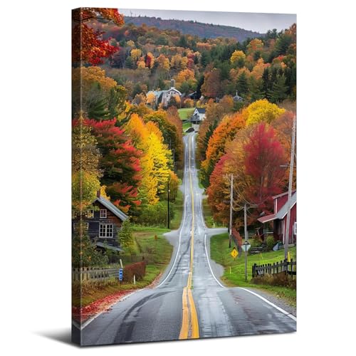 Farmhouse Landscape Canvas Wall Art Red Maple Tree Highway Scenic Pictures Country Road Scenery Prints Autumn Photography Paintings Wall Decor Natural Posters Artwork for Home Decorations 12"x16"