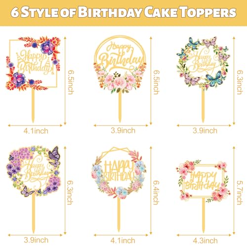 6 Pack Happy Birthday Cake Toppers Gold Butterfly Acrylic Cupcake Toppers for Birthday Cake Decorations Supplies