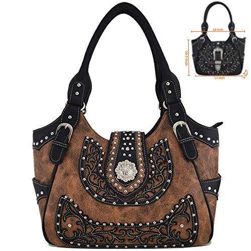 Western Style Berry Conchos Cowgirl Country Conceal Carry Purses Crossbody Handbags Women Shoulder Bags Wallet Set Brown2