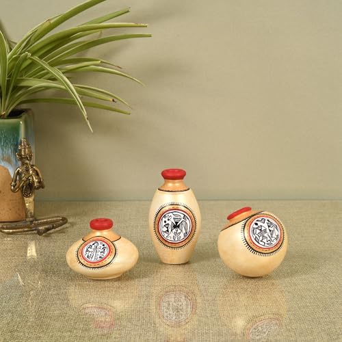 Image of Aakriti Art Creations Earthy Trio Miniature Vase Set of 3 | Hand-Painted Warli Art Terracotta Vases in Golden | Matte Finish Decorative Vases for Living Room, Table Decor & Gifting