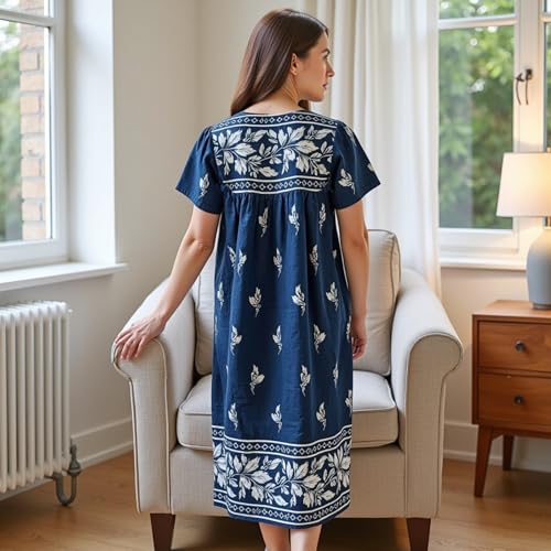 Loungees Short Sleeve Royal Monotone Lounge House Dress Caftan - 3 Button Bib Yoke and Pockets4