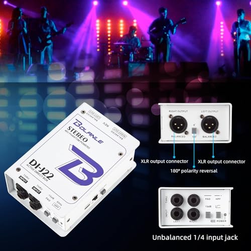 Bolanle J22 Active Stereo DI Box – 2-Kanal Aktive Direct Box mit 48V Phantom/Batterie/USB Stromversorgung, PAD Switch für Live Sound