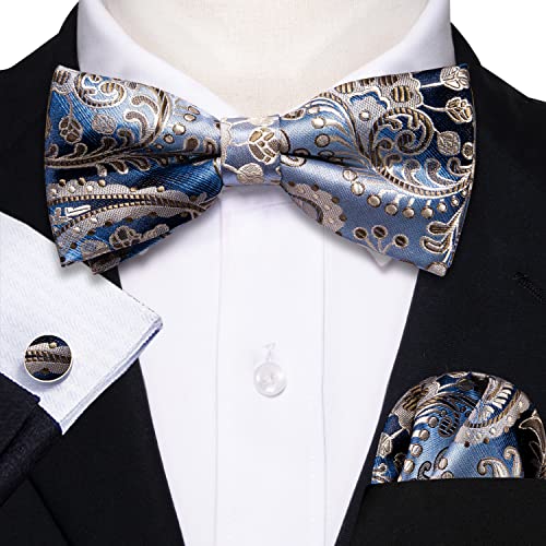 Image of Barry.Wang Paisley Striped Bow Tie for Men Silk Pre-Tied Bowtie Pocket Square Cufflinks Set Formal Wedding Party Prom
