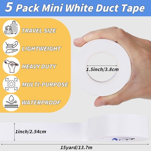 Image of 5 Pack Mini White Duct Tape, 1 inch X 75 Yards Travel Size Duct Tape, Pocket Size Heavy Duty Waterproof No Residue Tear by Hand, Multi-Use for Indoor & Outdoor Repairs, travel camping DIY projects