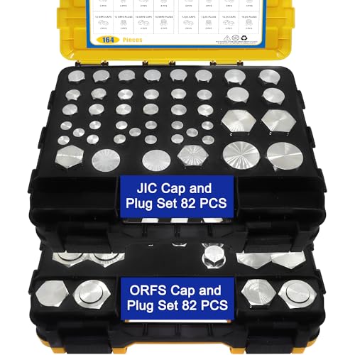 Image of 164pcs JIC and ORFS Master Industrial Hydraulic Cap and Plug, Hose Tube and Pipe Fitting Kit Cap and Plug Kit, Precision Threading in ORFS Sizes 4 6 8 10 12 16 and 37 Dash Sizes 4 6 8 10 12 16