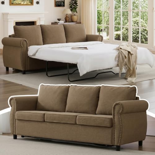 Queen Pull Out Sofa Bed, Sleeper Sofa Bed with Memory Foam Mattress & Nailhead Handrail, 2-in-1 Convertible 3 Seater Couch Beds, Pull Out Couch Beds for Living Room, Apartment, Guest Room, Brown
