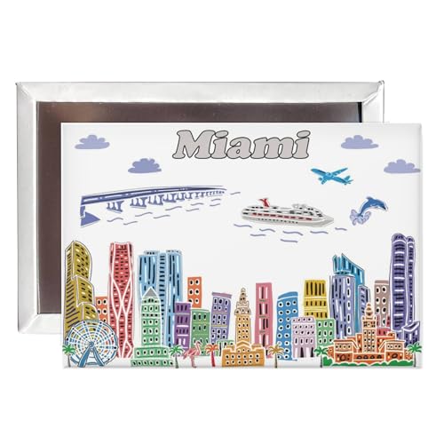 City Themed Artwork Magnet Collection by Beary Blu - Designed in The USA, Collectible Souvenirs Gifts 2.5" x 3.5" (Miami)
