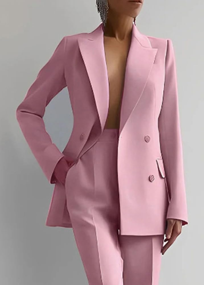 Tailleur Femme 2 Pièces Chic et Elegant Blazer Veste à Manches Longues Slim Fit Formel Bureau Travail Pantalon Costumes Revers Manteau Ensemble Blazer OL Tailleur