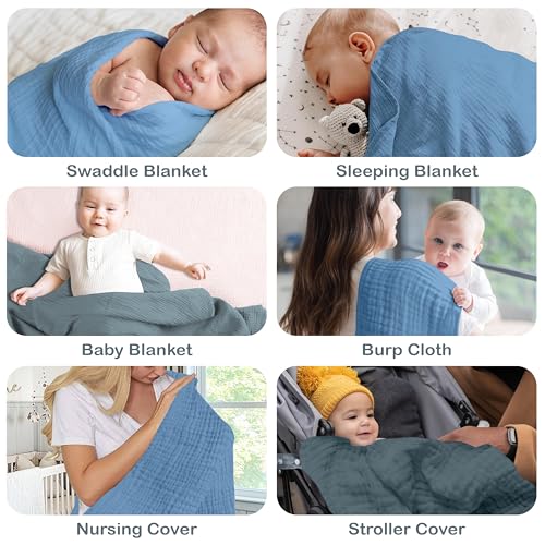 infancie Organic Cotton Muslin Baby Blanket - 47x47 Inch Breathable Swaddle, Hypoallergenic Double-Layer, Versatile Use (Slate/Aquarius)