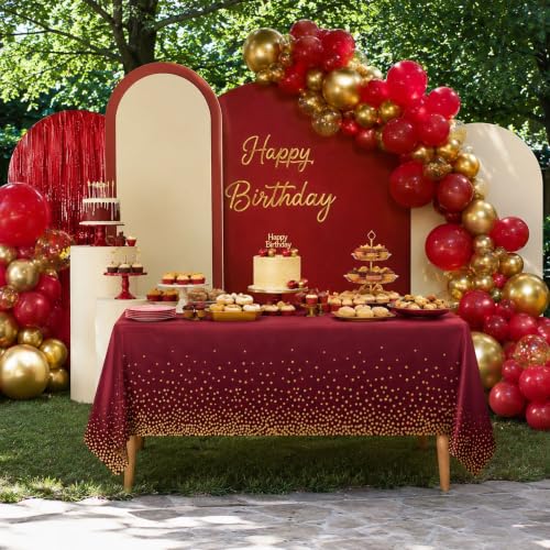 Image of Blue Orchards Burgundy and Gold Dots Table Cover (Pack of 3 with 20 glue dots) - 54 inchx108 inch XL - Red Plastic Tablecloth, Bridal Shower, Wedding, Graduation Decoration, Picnic Red Birthday Party Supplies