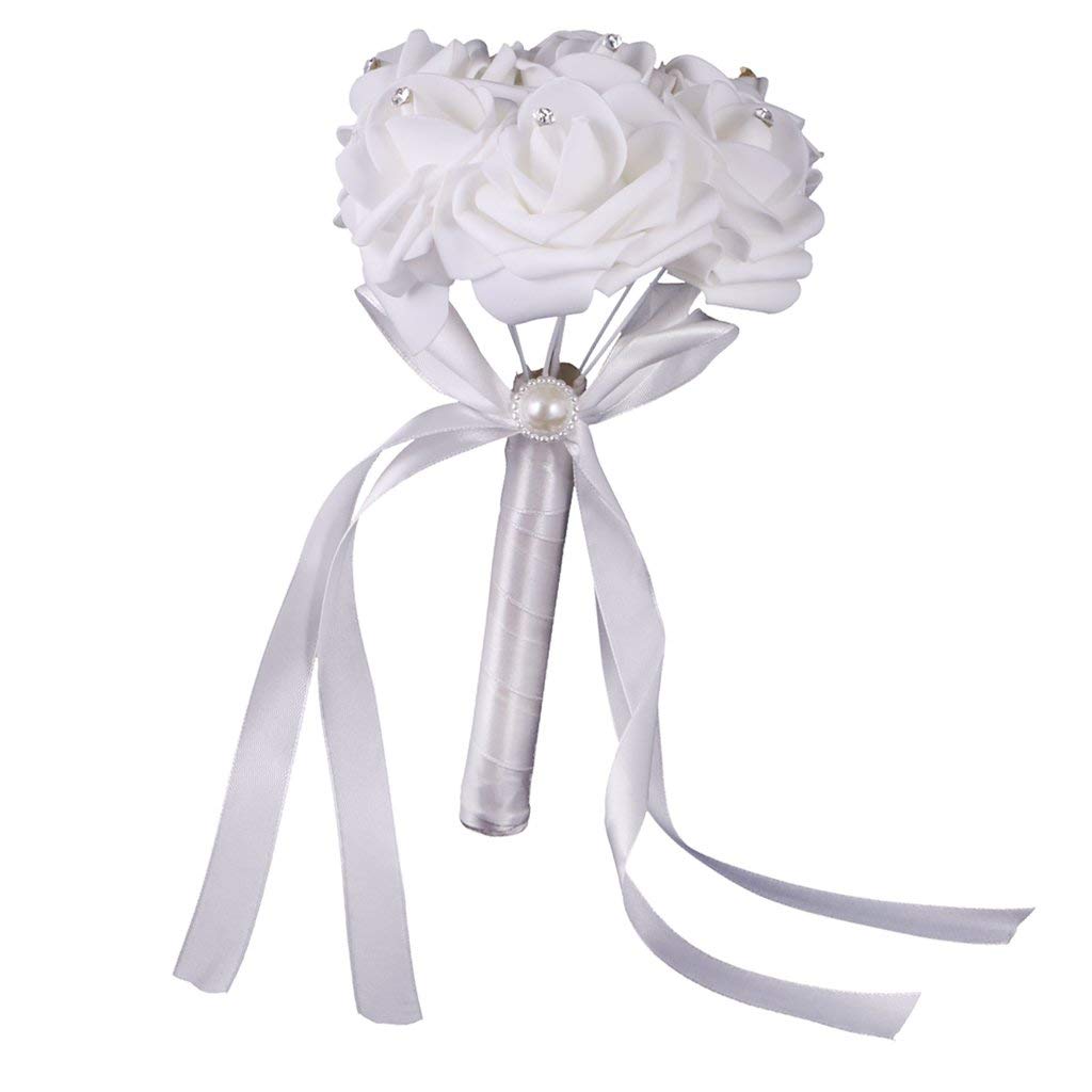 Inzopo Girls White Wedding Bouquet Crystal Rose Flower Posy Bride Bridesmaid Flower Wand