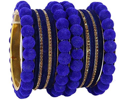Image of NMII Stylish Metal with Golden Zircon Stone & Velvet Balls Bangles Set For Women and Girls | Fancy Designer Bangles | Short Velvet Chuda Set | Women's Fashion Jewellery