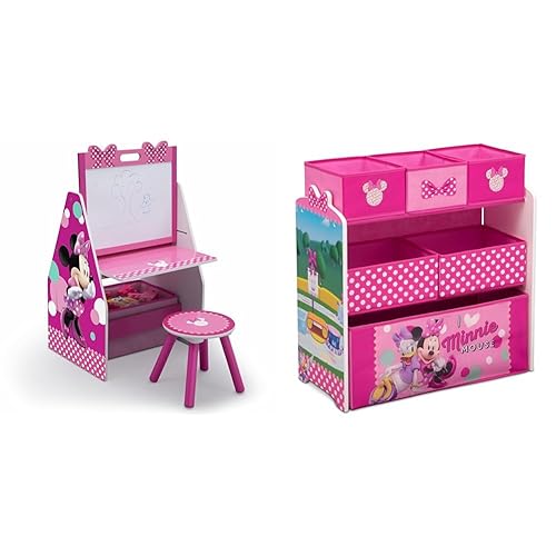 Delta Children Caballete y estación de juegos para niños, ideal para artes, manualidades y organizador de juguetes de Disney Minnie Mouse de 6 cubos