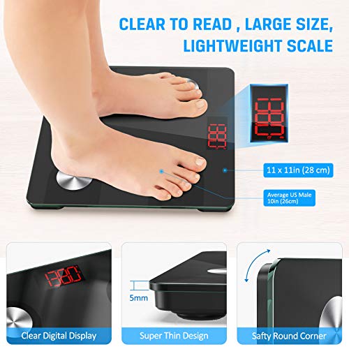 Smart Bluetooth Body Fat Scale, Jack & Rose Digital BMI Weight Scale, Wireless Weight Scale Body Composition Analyzer with Smartphone App, 400 lbs, Black, 11 x 11 Inch