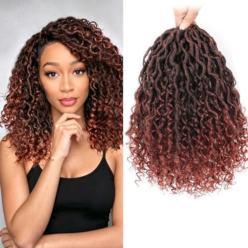 New Goddess Locs Crochet Hair with Culy End 8 Packs 10Inch Copper Red River Locs Braids Hair for Black Women Curly Faux Braids Hippie Locs Boho Protective Hairstyle Hair Extensions(#T1B/350)