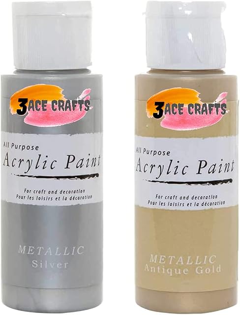 3 Ace Crafts Pack of 2 - Metallic Silver & Metallic Antique Gold - Acrylic Paint 59ml - Decoration Kids, Garden Furniture Ornaments, Outdoor Paint, Air Drying, Modelling Clay, Plastic, Board & Paper