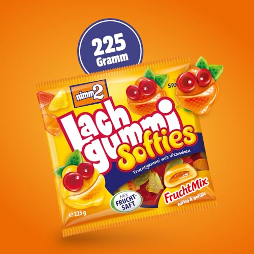 nimm2 Lachgummi Softies FruchtMix – 1 x 225g – Gefülltes Fruchtgummi mit Fruchtsaft und Vitaminen