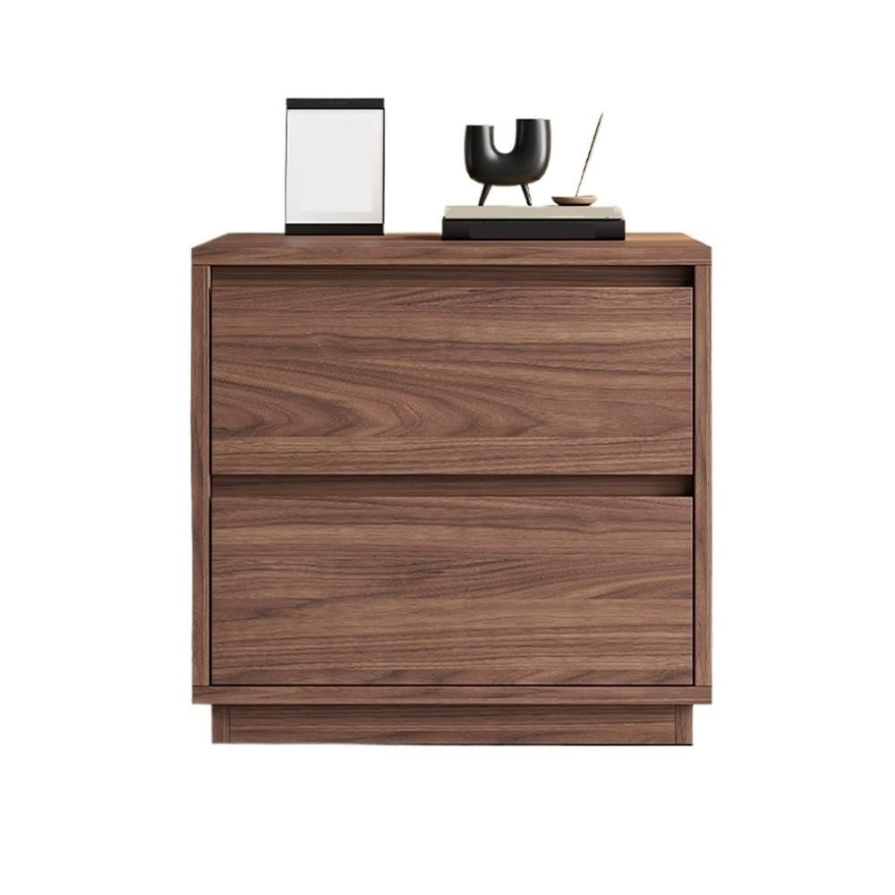 Table de nuit en bois marron et double tiroir pour une chambre chaleureuse