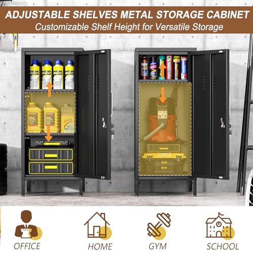 Image of pozdeg 35.43 inch Black Lockable Small Metal Storage Locker | Employees Locker with 1 Door & 2 Adjustable Shelves, Steel Cabinet for Employees, Home, School, Office & Gym