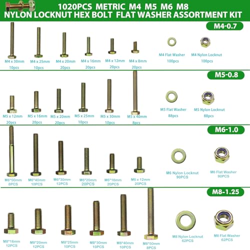 Image of 1020pcs Metric M4 M5 M6 M8 Nylon Locknut Hex Bolt Washer Assortment Kit by Color Galvanization,Alloy Steel,Grade 8.8.Length 8-50mm.24 Common Size for Automative,Tooling,Fixture,Jigs.